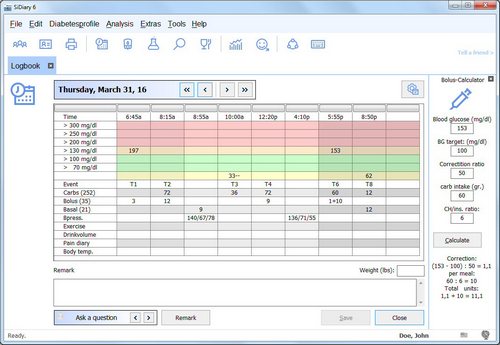 SiDiary - Diabetes Software - blood glucose standard day SiDiary - Diabetes Software - blood glucose standard day